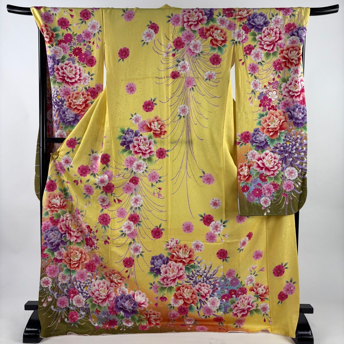 振袖 身丈175 cm 裄丈69 L 袷 牡丹 桜 銀通し 金彩 黄色 正絹 名品
