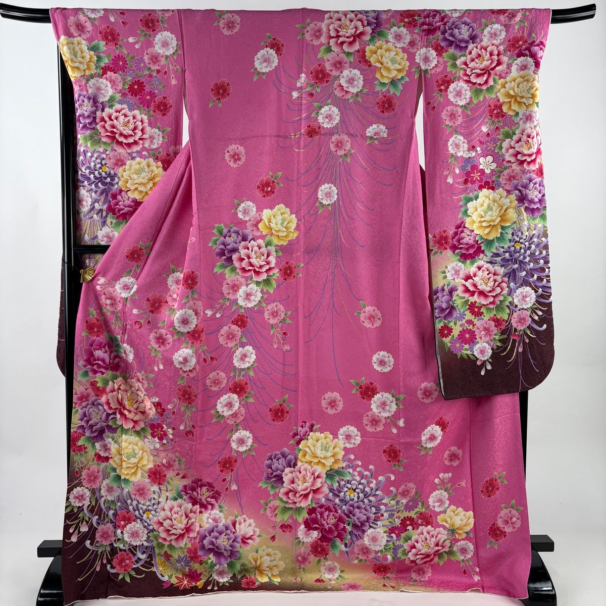 美品】 振袖 身丈173.5cm 裄丈69cm L 袷 牡丹 桜 銀通し 金彩 ピンク