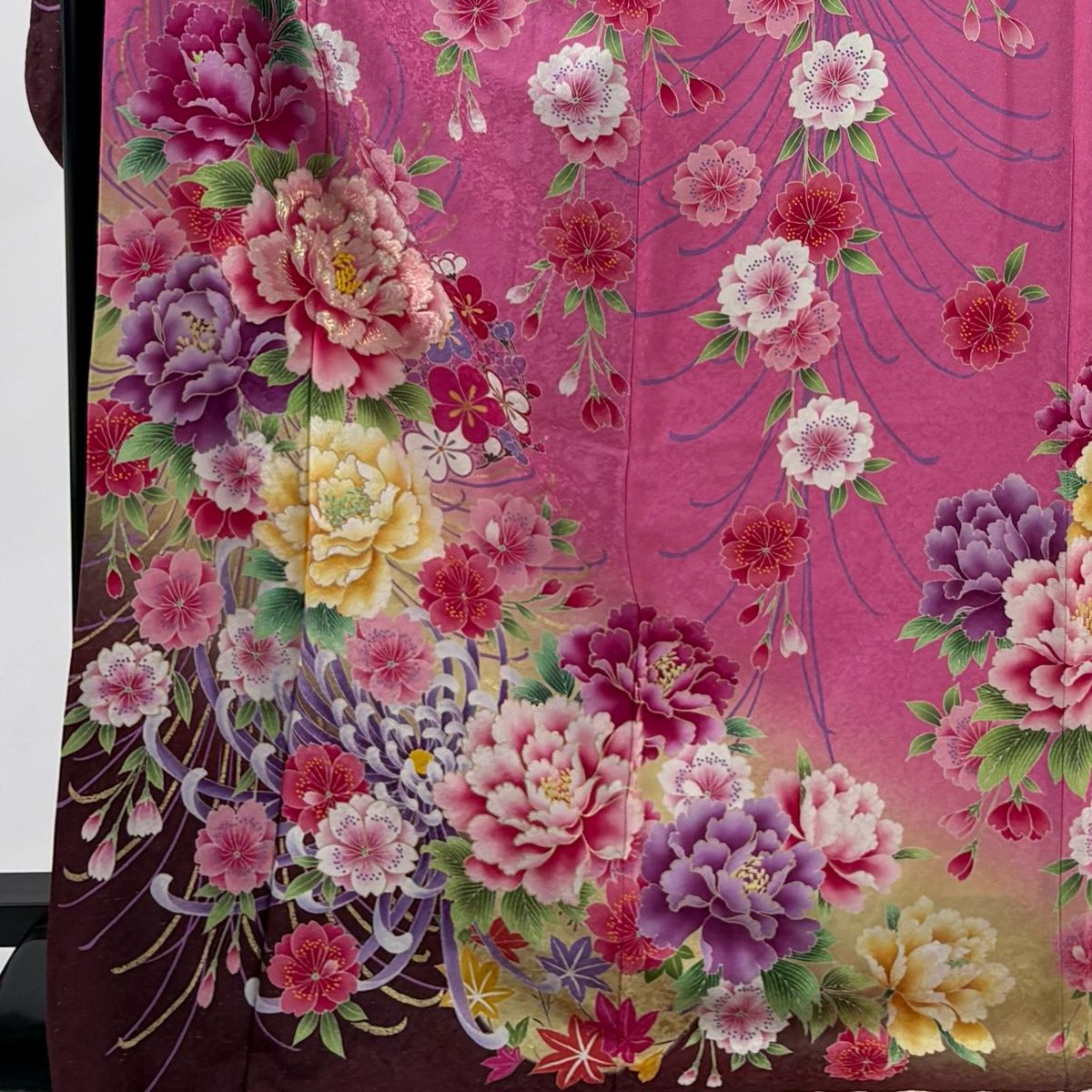 美品】 振袖 身丈173.5cm 裄丈69cm L 袷 牡丹 桜 銀通し 金彩 ピンク