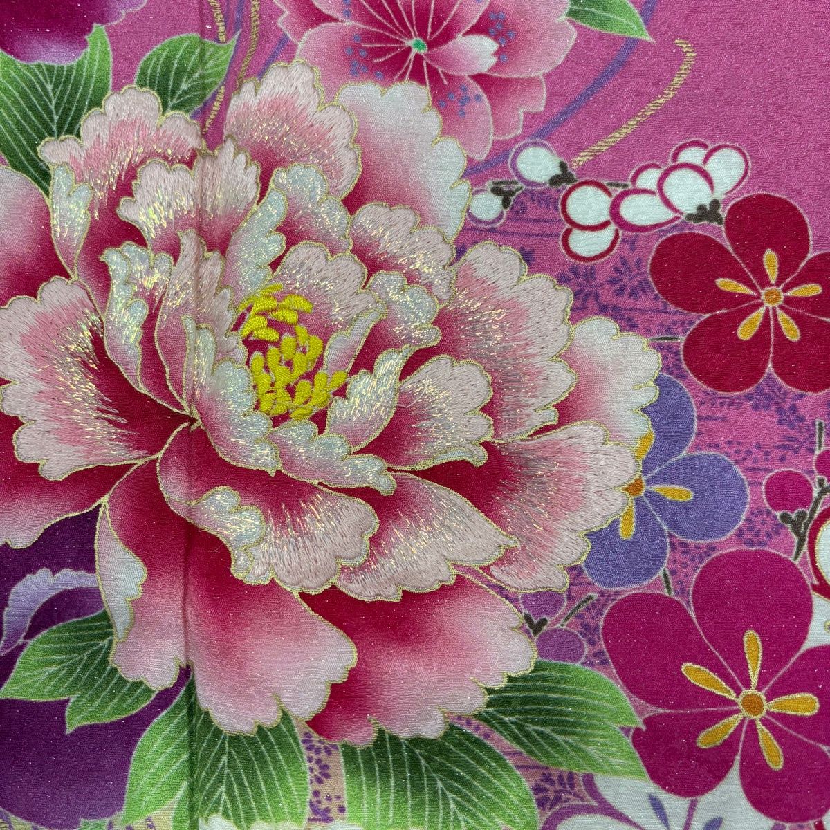 美品】 振袖 身丈173.5cm 裄丈69cm L 袷 牡丹 桜 銀通し 金彩 ピンク