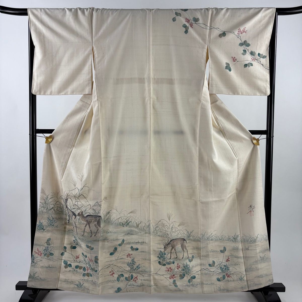 訪問着 身丈160 5 cm 裄丈67 L 袷 紬地 落款 鹿 草花 ベージュ 正絹 名品