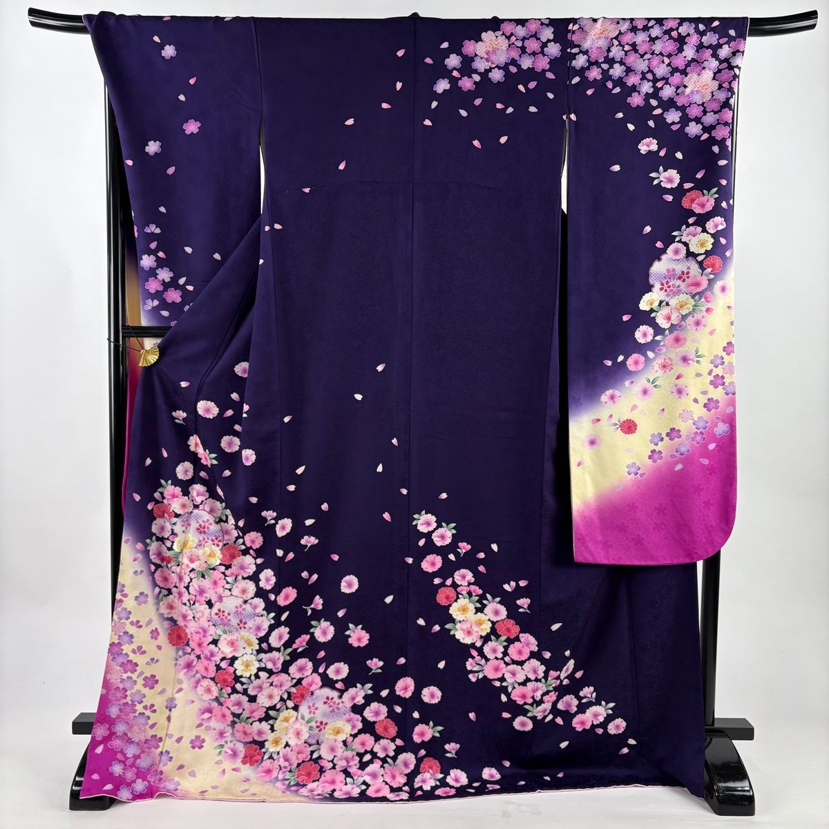 振袖 身丈172 cm 裄丈70 L 袷 雪輪 桜 刺繍 金銀彩 濃紫 正絹 名品