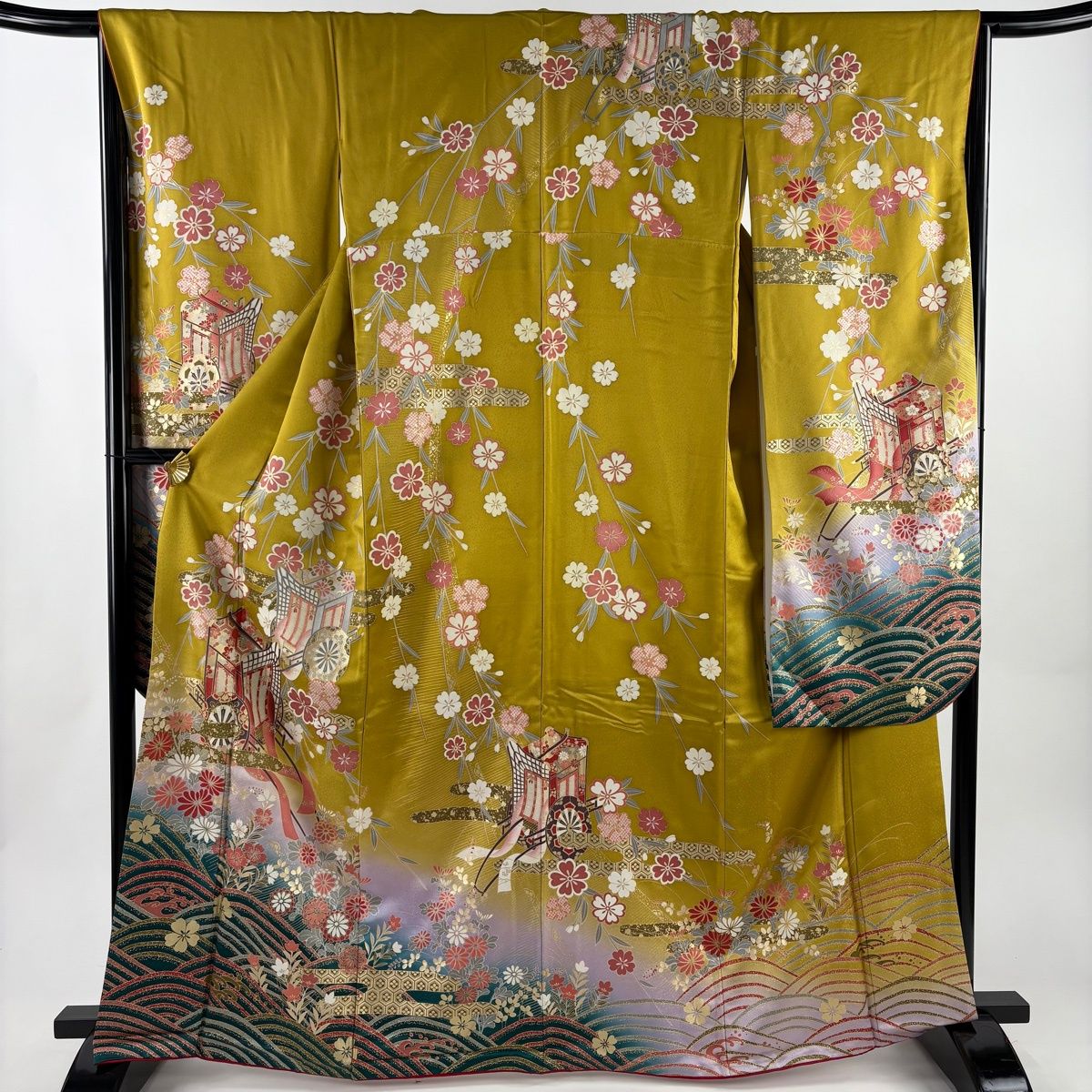 振袖 身丈165 cm 裄丈65 5 M 袷 枝垂れ桜 御所車 金彩 染め分け 黄土色 正絹 名品