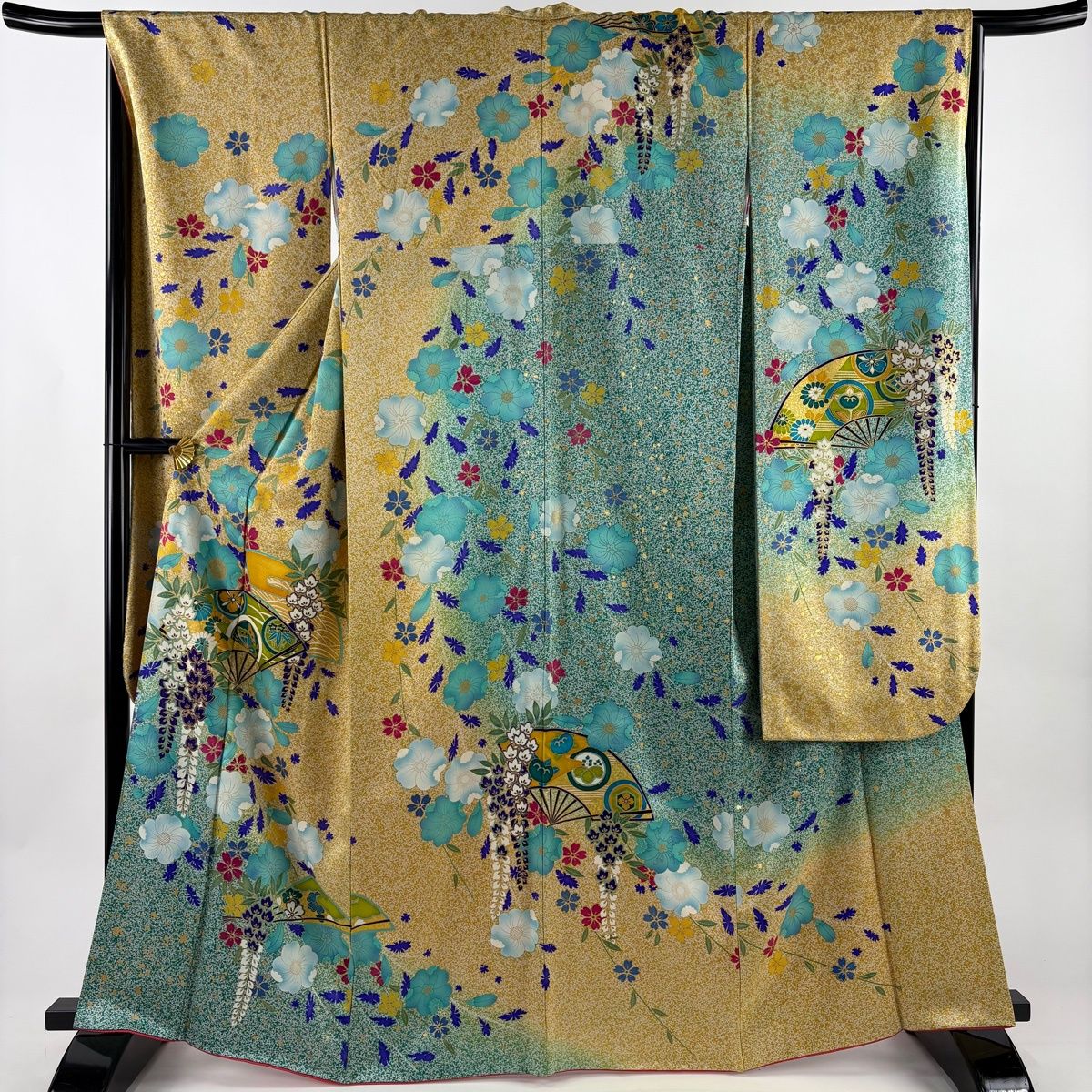 285 振袖フルセット 正絹 黄土色 薄茶 金銀彩 シック アースカラー 美品】 振袖 身丈165cm 裄丈67cm M 袷 扇 草花 金彩 染め分け 薄黄土色