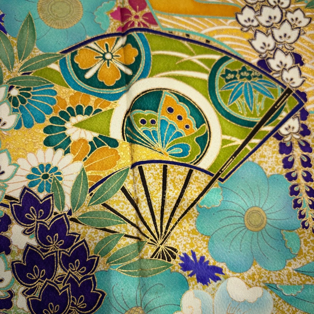 美品】 振袖 身丈165cm 裄丈67cm M 袷 扇 草花 金彩 染め分け 薄黄土色