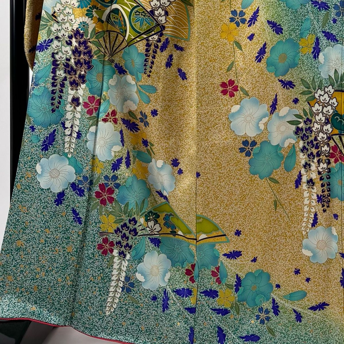 振袖 身丈165 cm 裄丈67 M 袷 扇 草花 金彩 染め分け 薄黄土色 正絹 名品