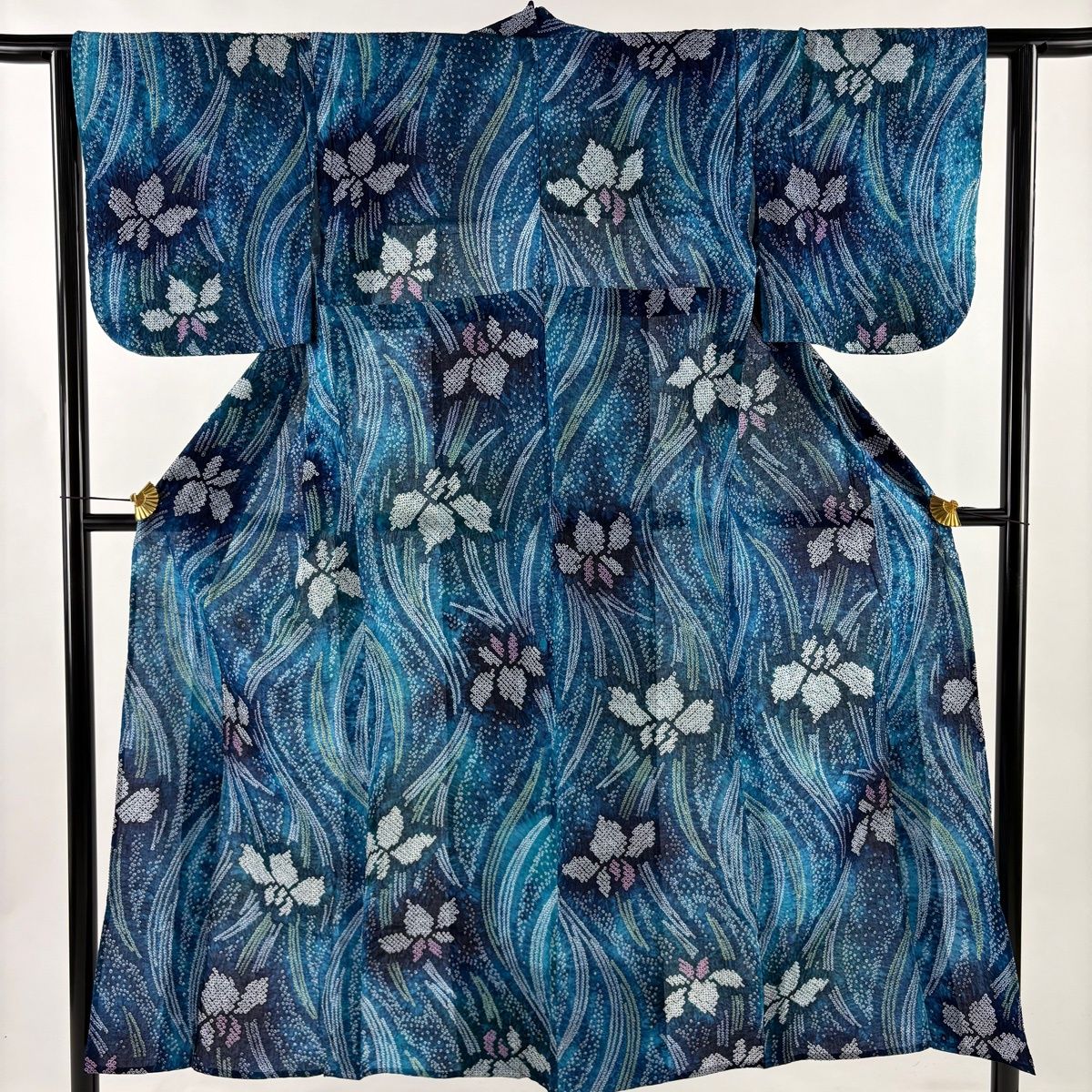 浴衣 身丈150 cm 裄丈63 S 絞り浴衣 菖蒲 流水 青緑 綿 名品