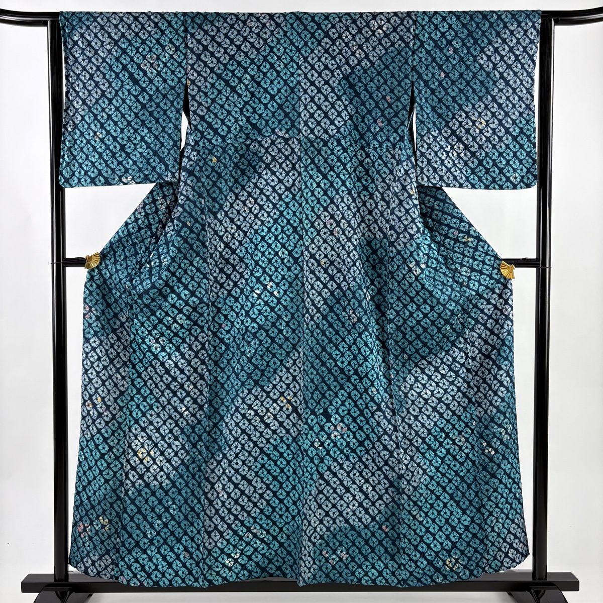 小紋 身丈155 cm 裄丈64 M 単衣 絞り ぼかし 青緑 正絹 名品