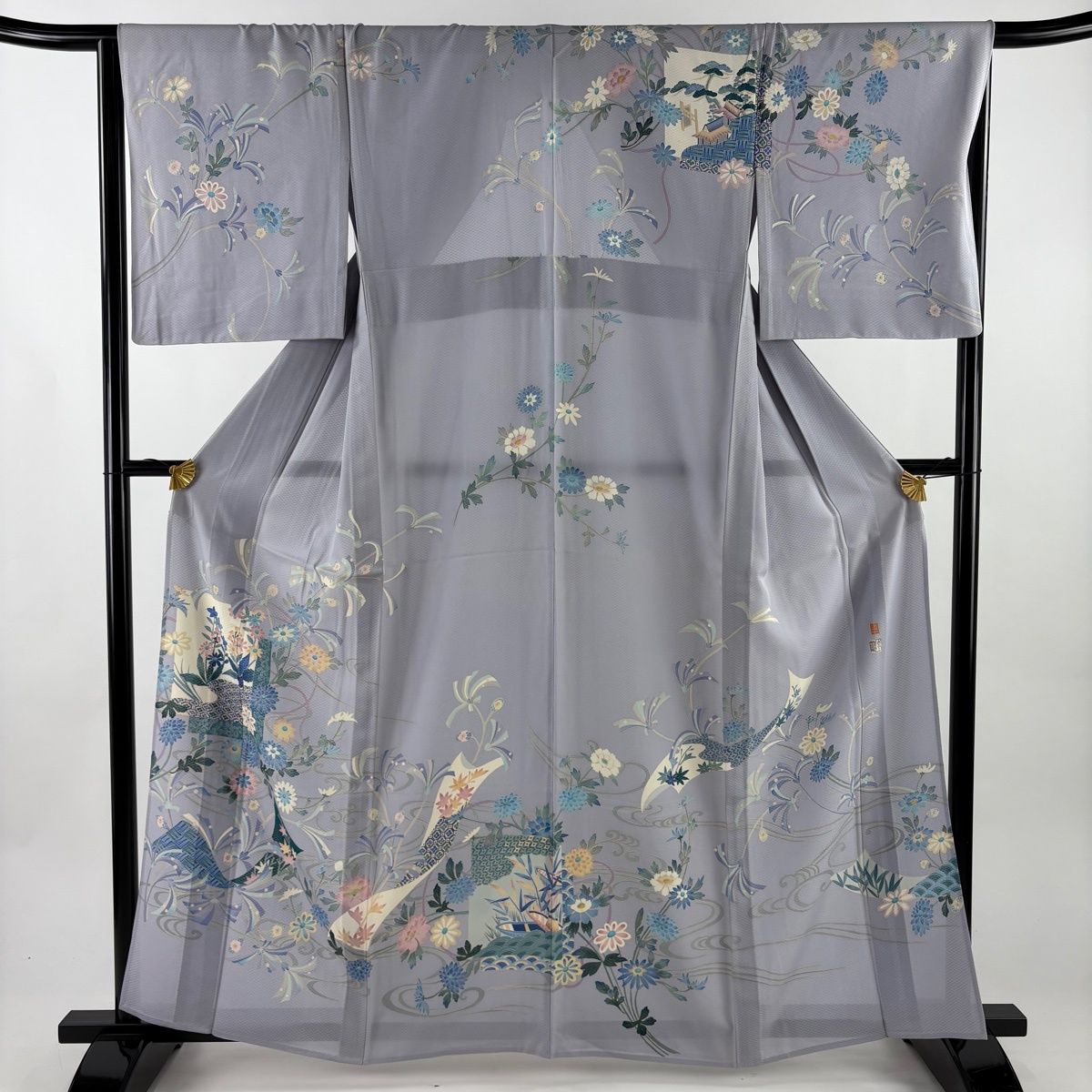 訪問着 身丈158cm 裄丈66cm M 薄物 白坂幸蔵 加賀友禅 落款 証紙 松葉