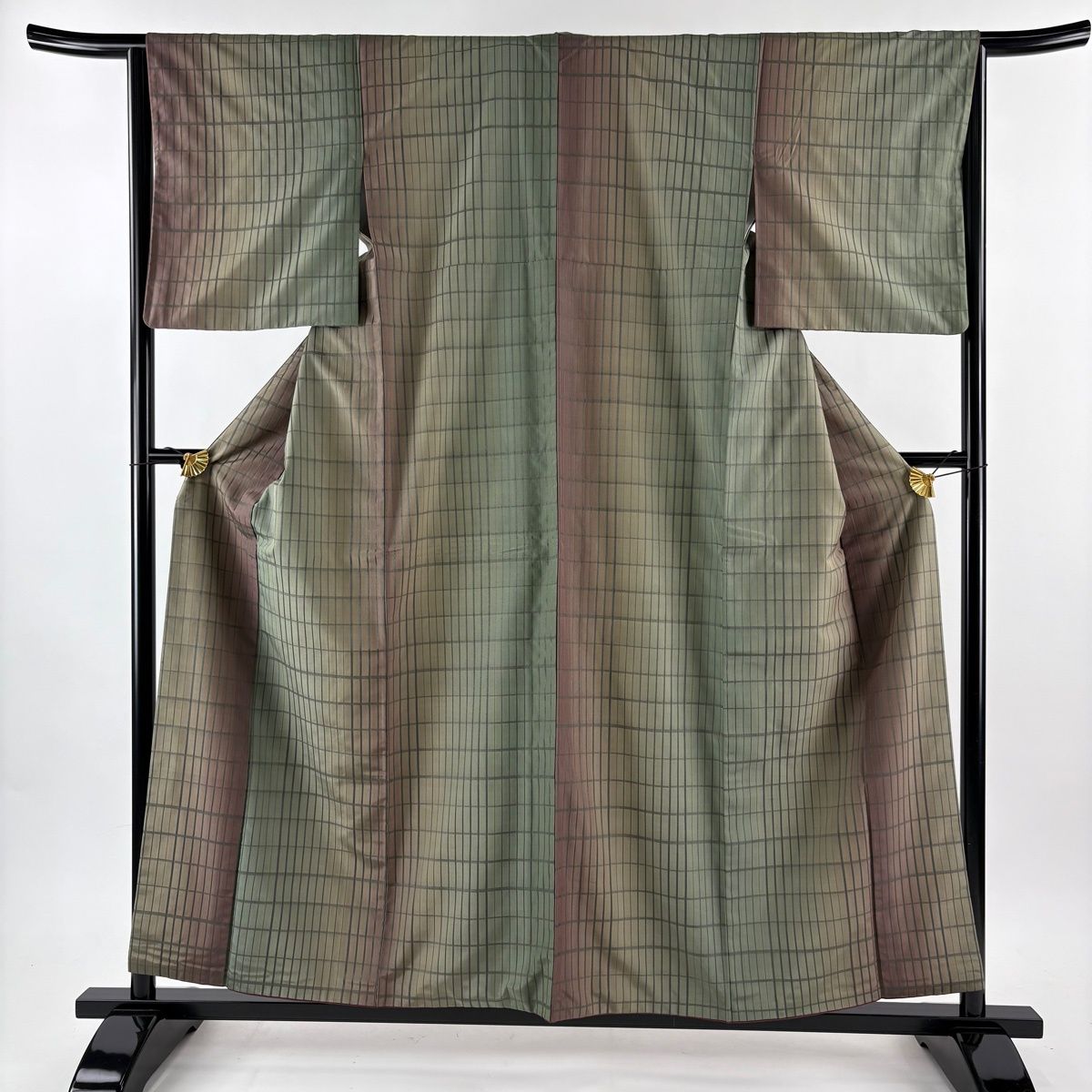 紬 身丈156 cm 裄丈63 5 S 袷 格子 灰緑 正絹 名品