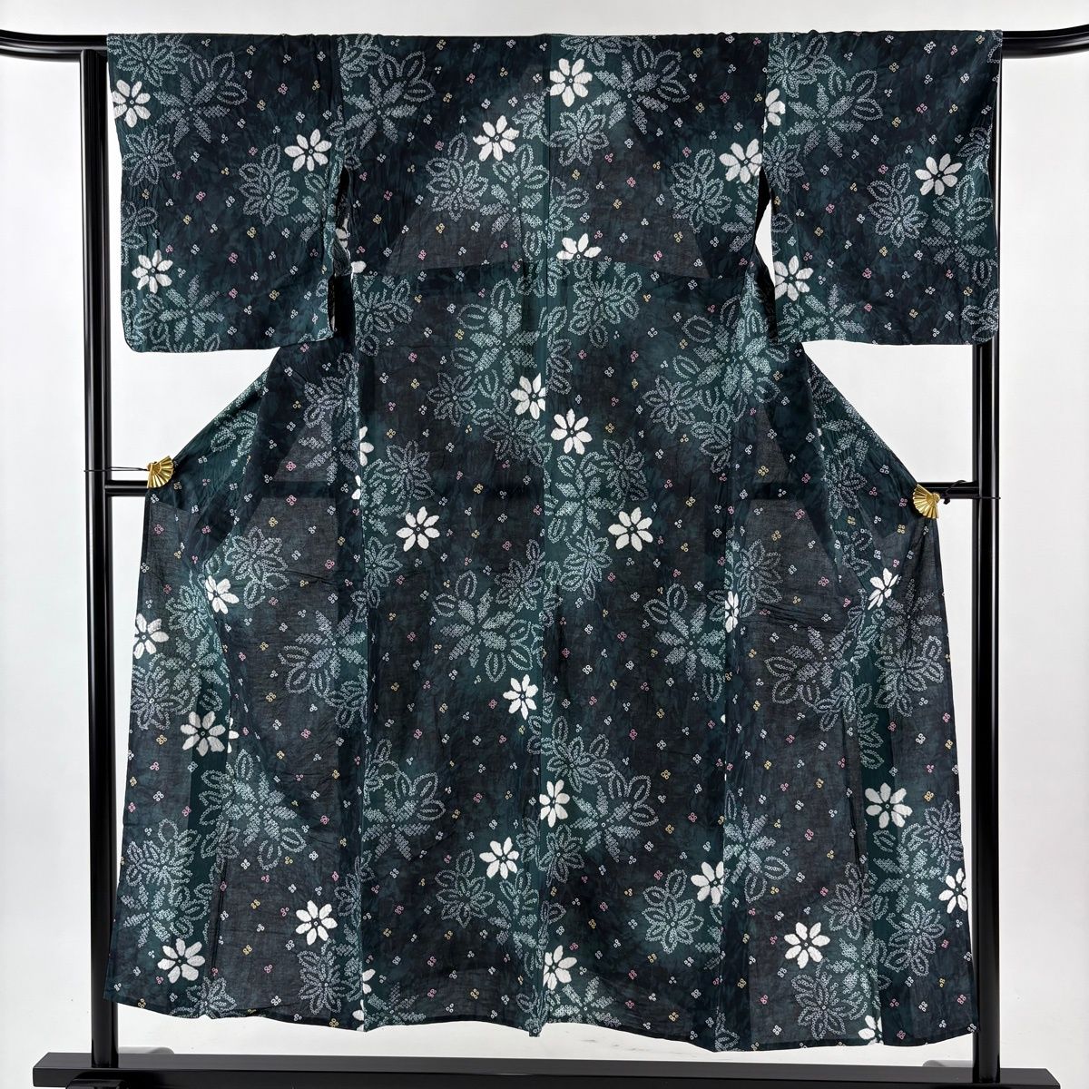 浴衣 身丈150 cm 裄丈63 S 絞り浴衣 花柄 深緑 綿 名品