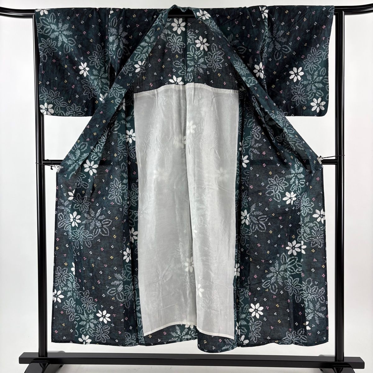 浴衣 身丈150 cm 裄丈63 S 絞り浴衣 花柄 深緑 綿 名品 浴衣単品 浴衣