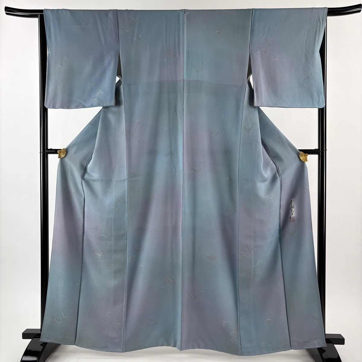 小紋 身丈161 5 cm 裄丈65 M 袷 斉藤三才 落款 鳥 金糸 ぼかし 青灰色 正絹 名品