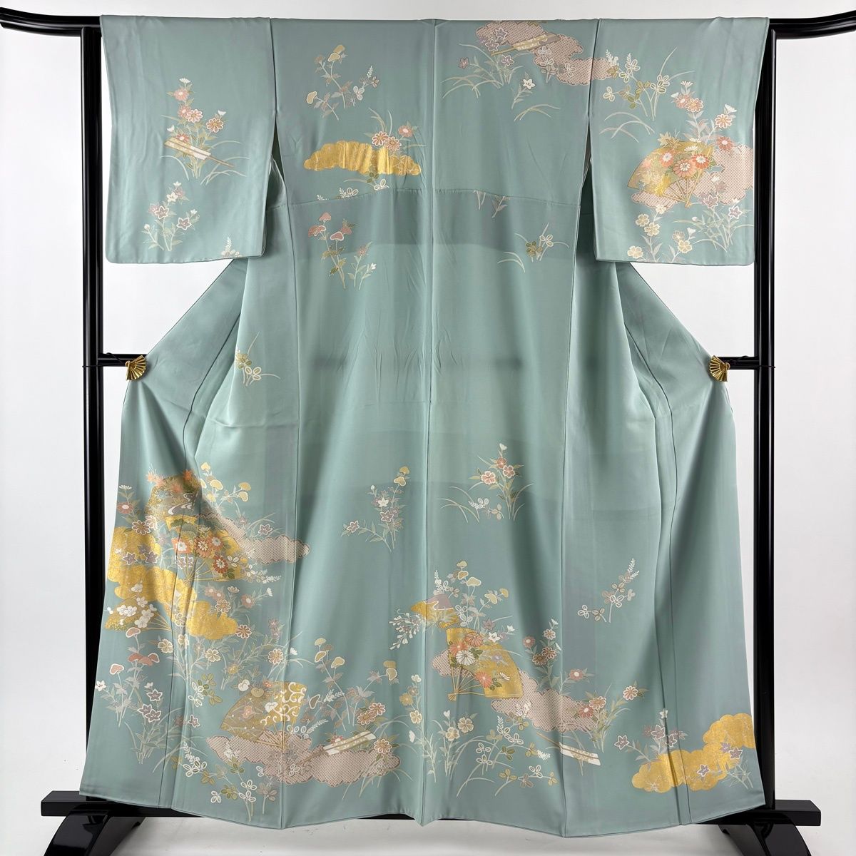 訪問着 身丈158 cm 裄丈64 M 袷 扇 雲文 金糸 金彩 薄緑 正絹 名品