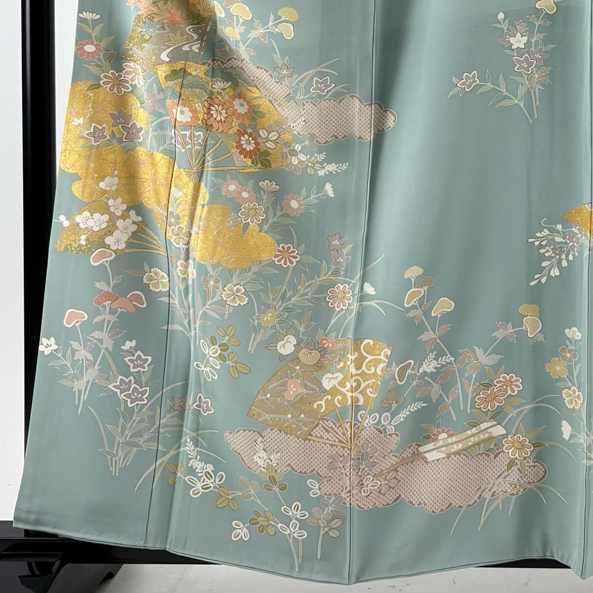 訪問着 身丈158 cm 裄丈64 M 袷 扇 雲文 金糸 金彩 薄緑 正絹 名品