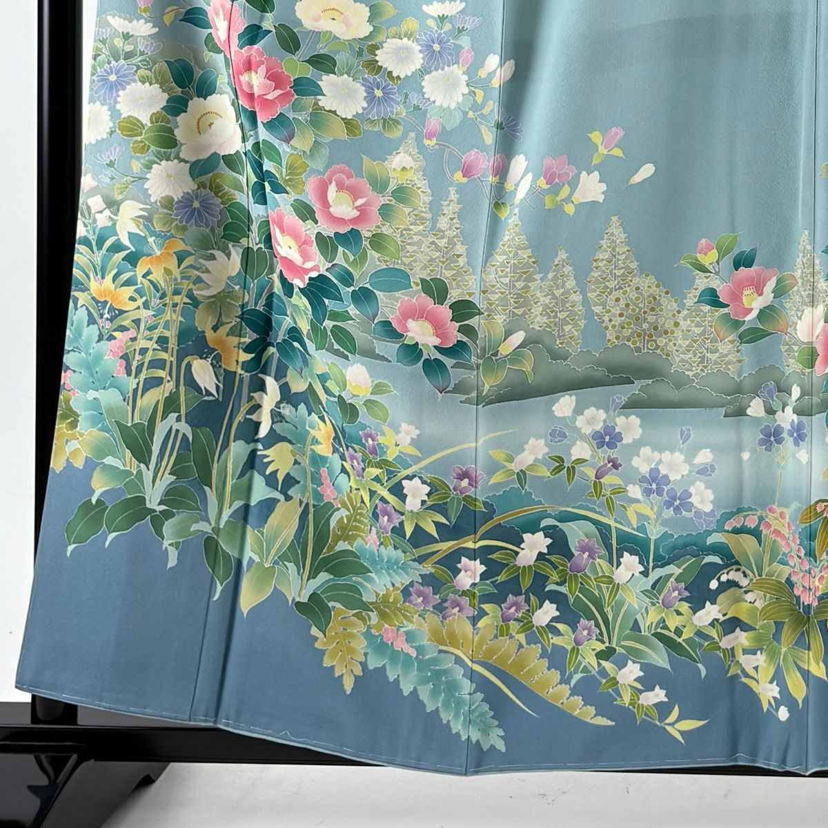 訪問着 身丈157 cm 裄丈63 5 S 袷 牡丹 椿 ぼかし 染め分け 水色 正絹 名品