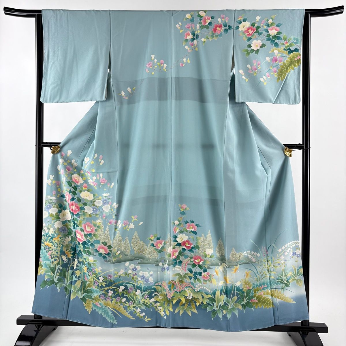 訪問着 身丈157 cm 裄丈63 5 S 袷 牡丹 椿 ぼかし 染め分け 水色 正絹 名品