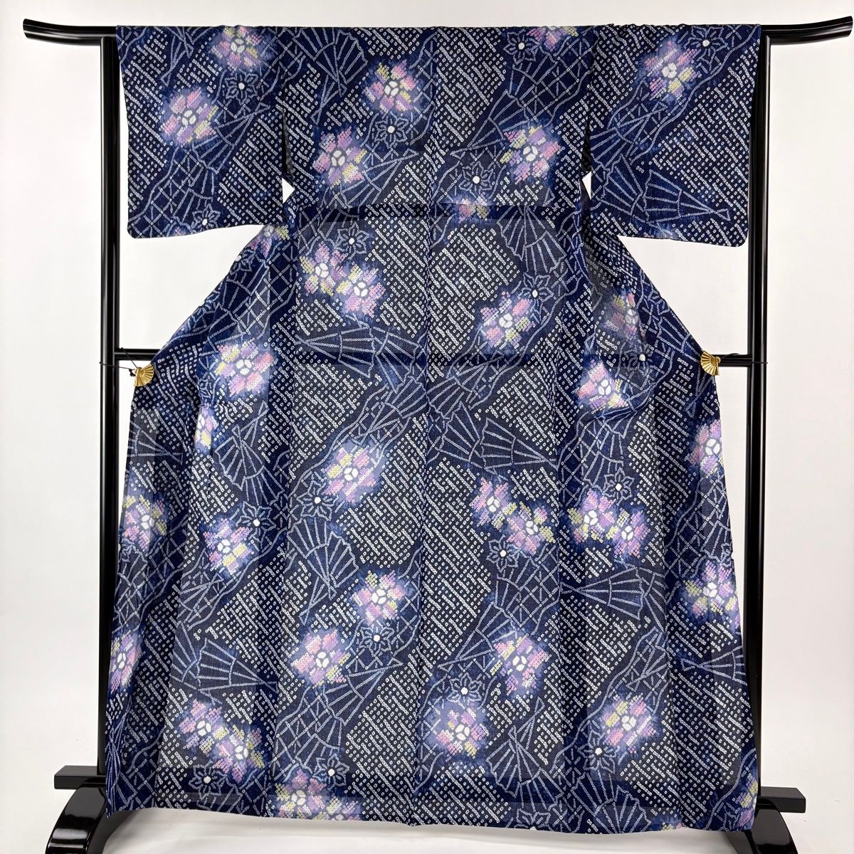 浴衣 身丈164 5 cm 裄丈64 M 絞り浴衣 花 扇 紺色 綿 名品