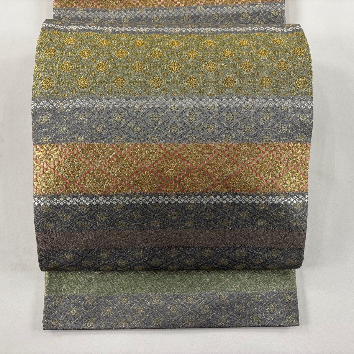 美品】 袋帯 名品 七宝花菱 金糸 箔 灰色 六通 正絹 【】 【公式通販】