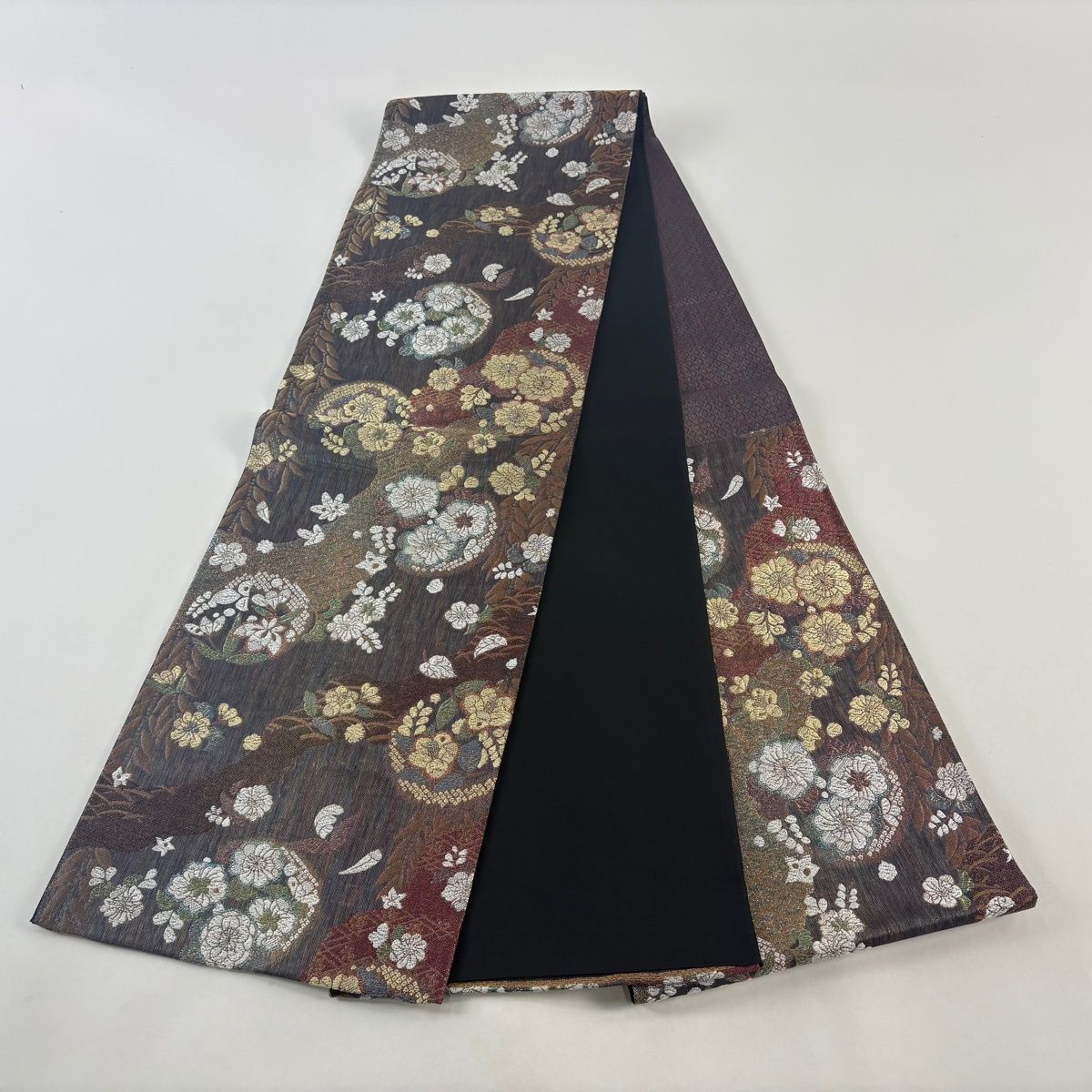 袋帯 秀品 やまと 辻が花柄 花菱 金糸 箔 茶紫 六通 正絹 【中古