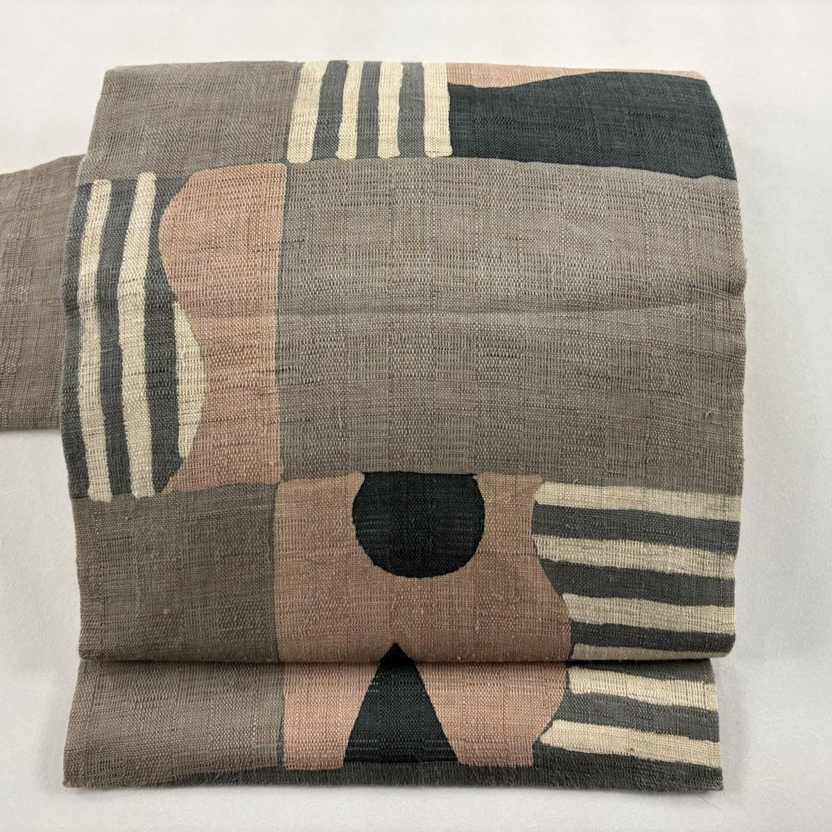 名古屋帯 秀品 紬地 縞 幾何学 灰茶 正絹