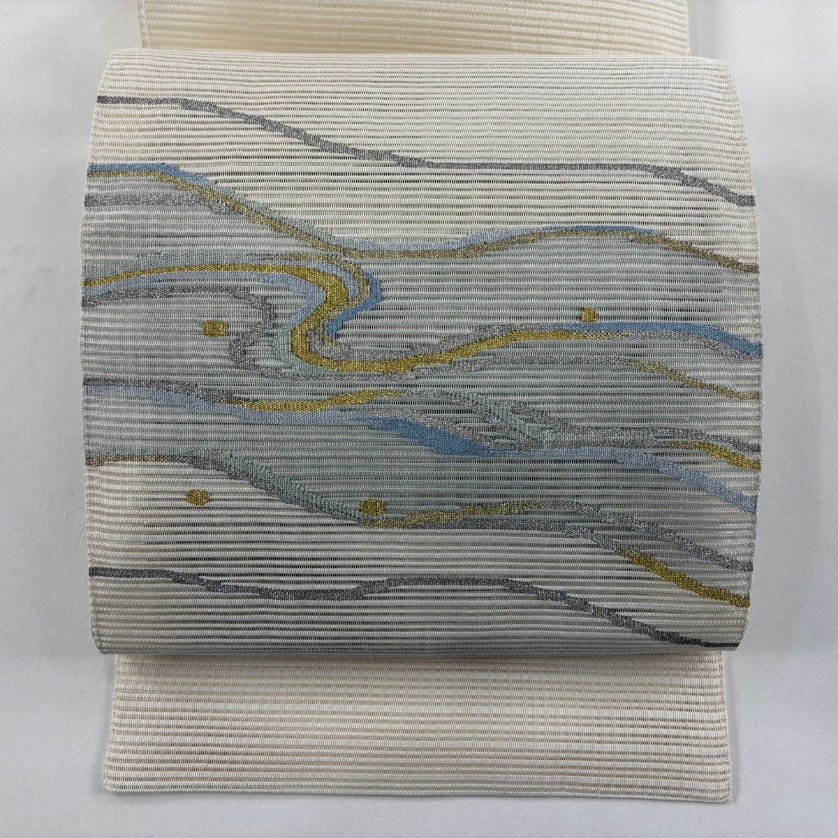 名古屋帯 秀品 八寸名古屋帯 夏帯 絽 流水 金銀糸 クリーム 正絹