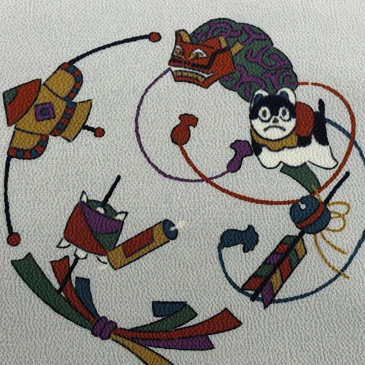 名古屋帯 秀品 玩具 狛犬 縮緬 灰色 正絹