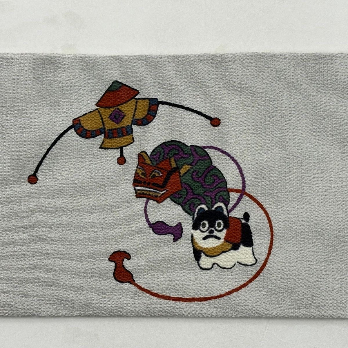  名古屋帯 秀品 玩具 狛犬 縮緬 灰色 正絹 名古屋帯 帯