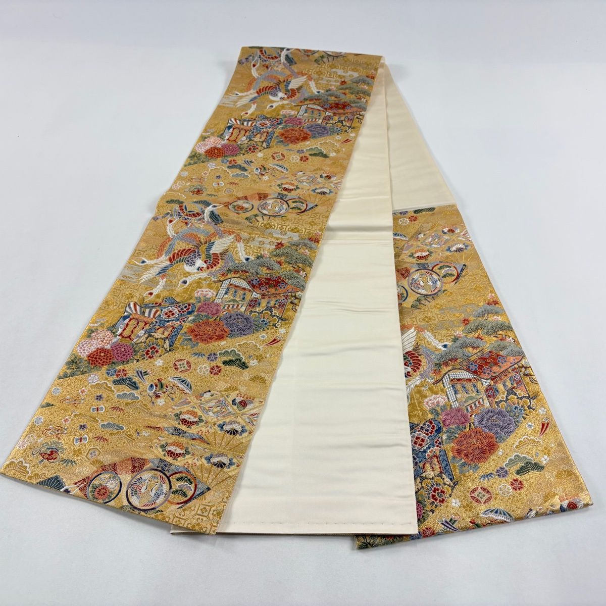 袋帯　正絹　唐織、花、鴛鴦金糸刺繍　礼装用　六通柄 袋帯 美品 秀品 御所車草花文 鴛鴦 金糸 箔 金色 六通 正絹 【中古