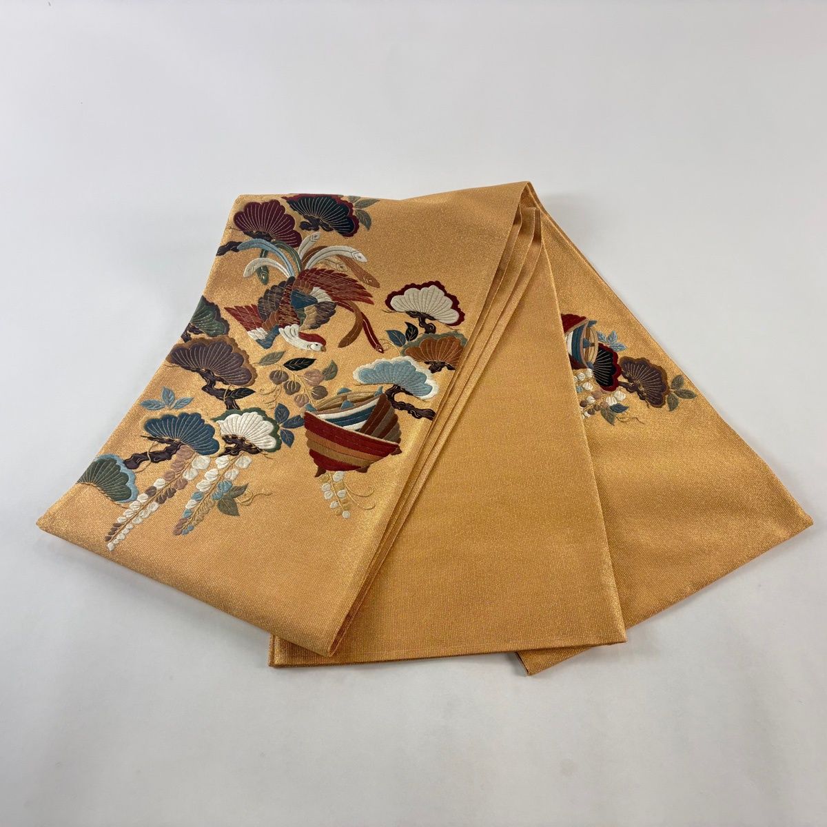 美品】 袋帯 秀品 笠松 鳳凰 刺繍 金糸 金色 お太鼓柄 正絹 【中古