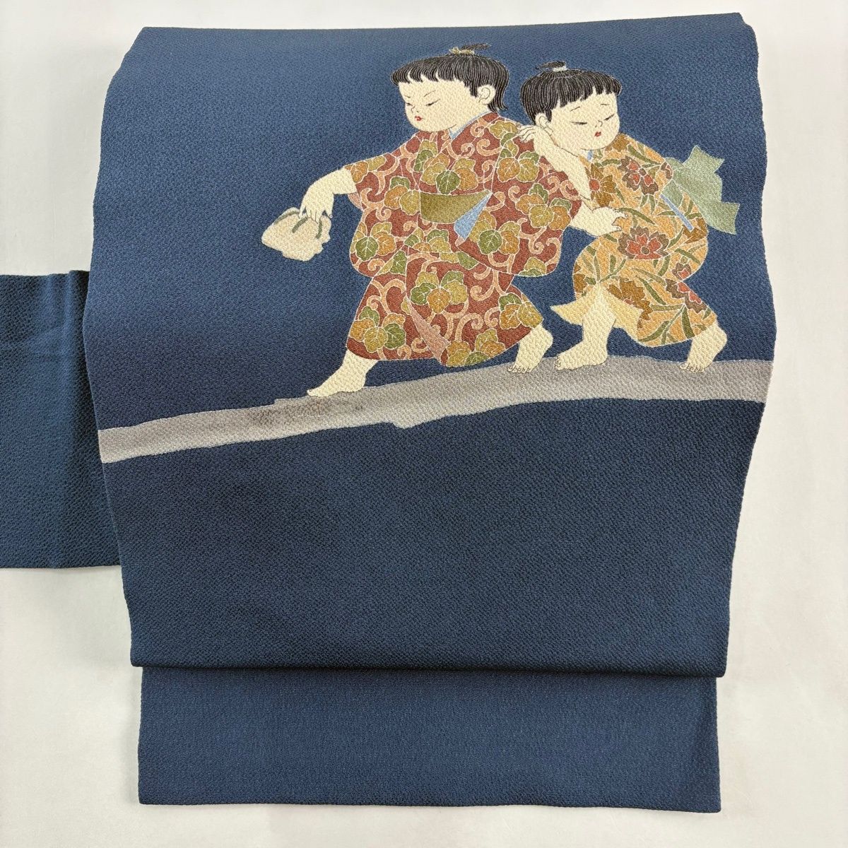名古屋帯 秀品 落款 童 唐草 縮緬 藍色 正絹