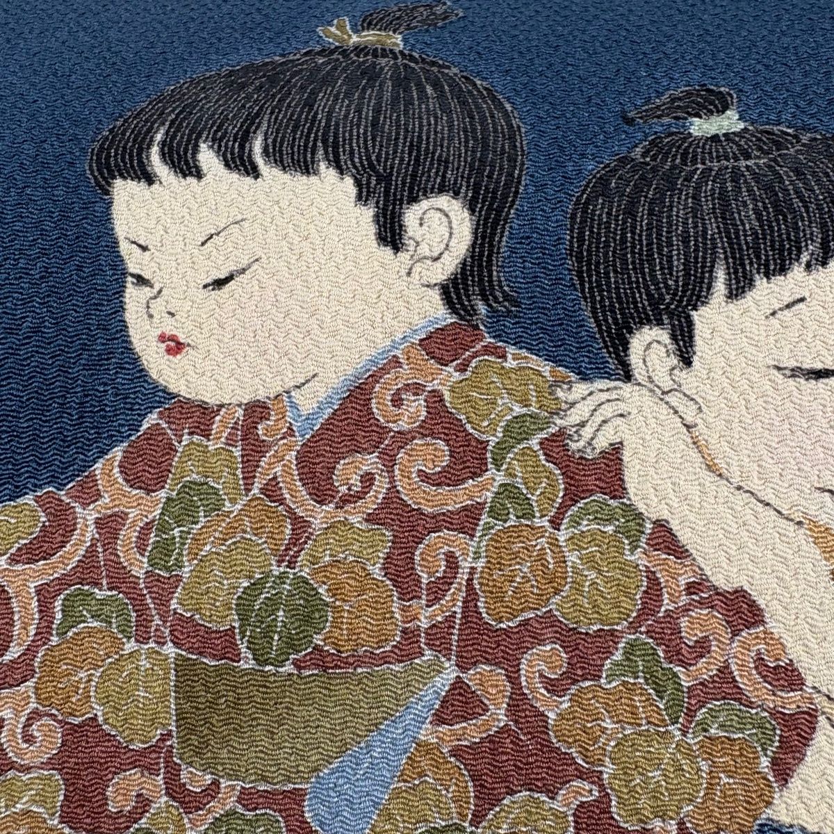 名古屋帯 秀品 落款 童 唐草 縮緬 藍色 正絹