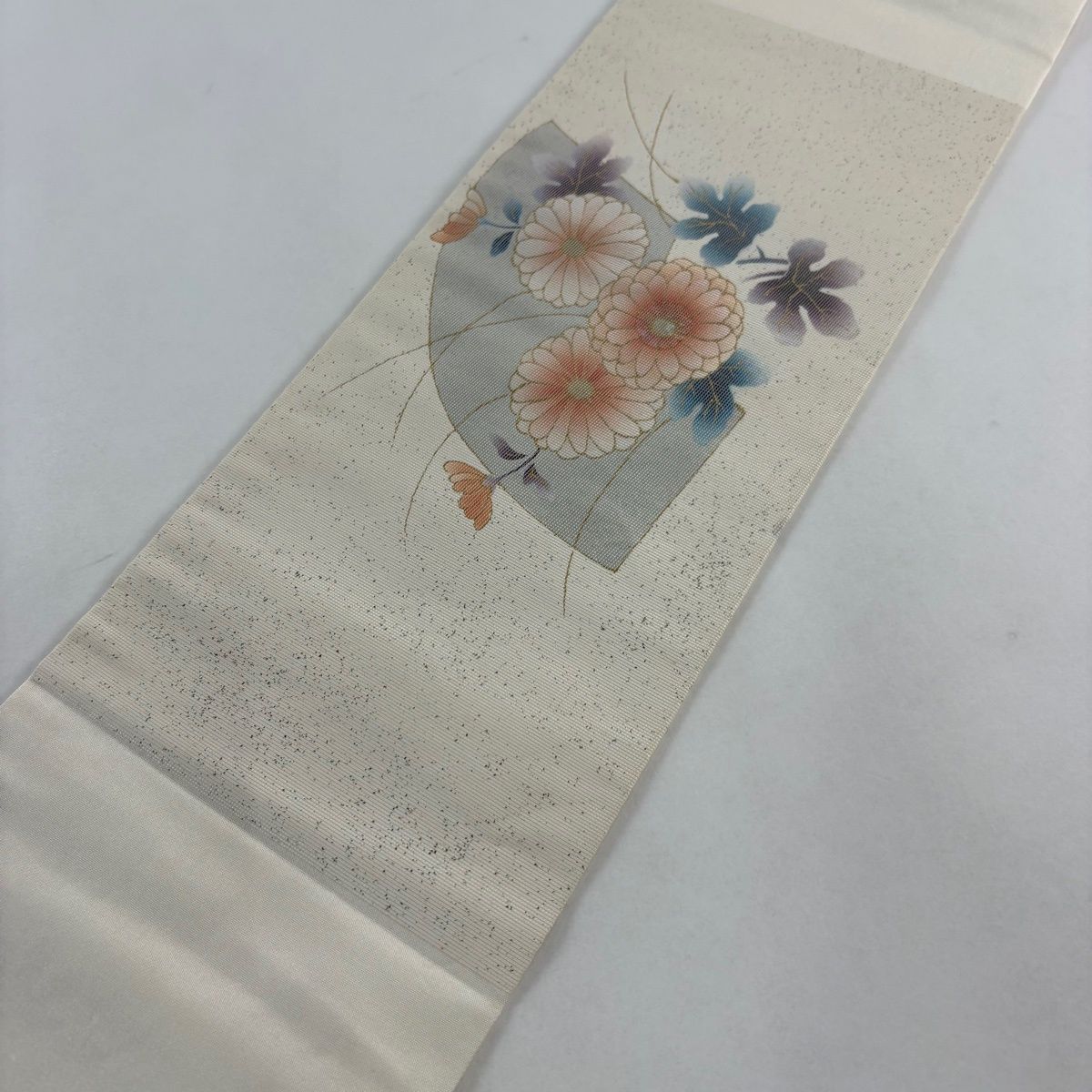  名古屋帯 秀品 菊 扇面 金彩 箔 クリーム 正絹 名古屋帯 帯
