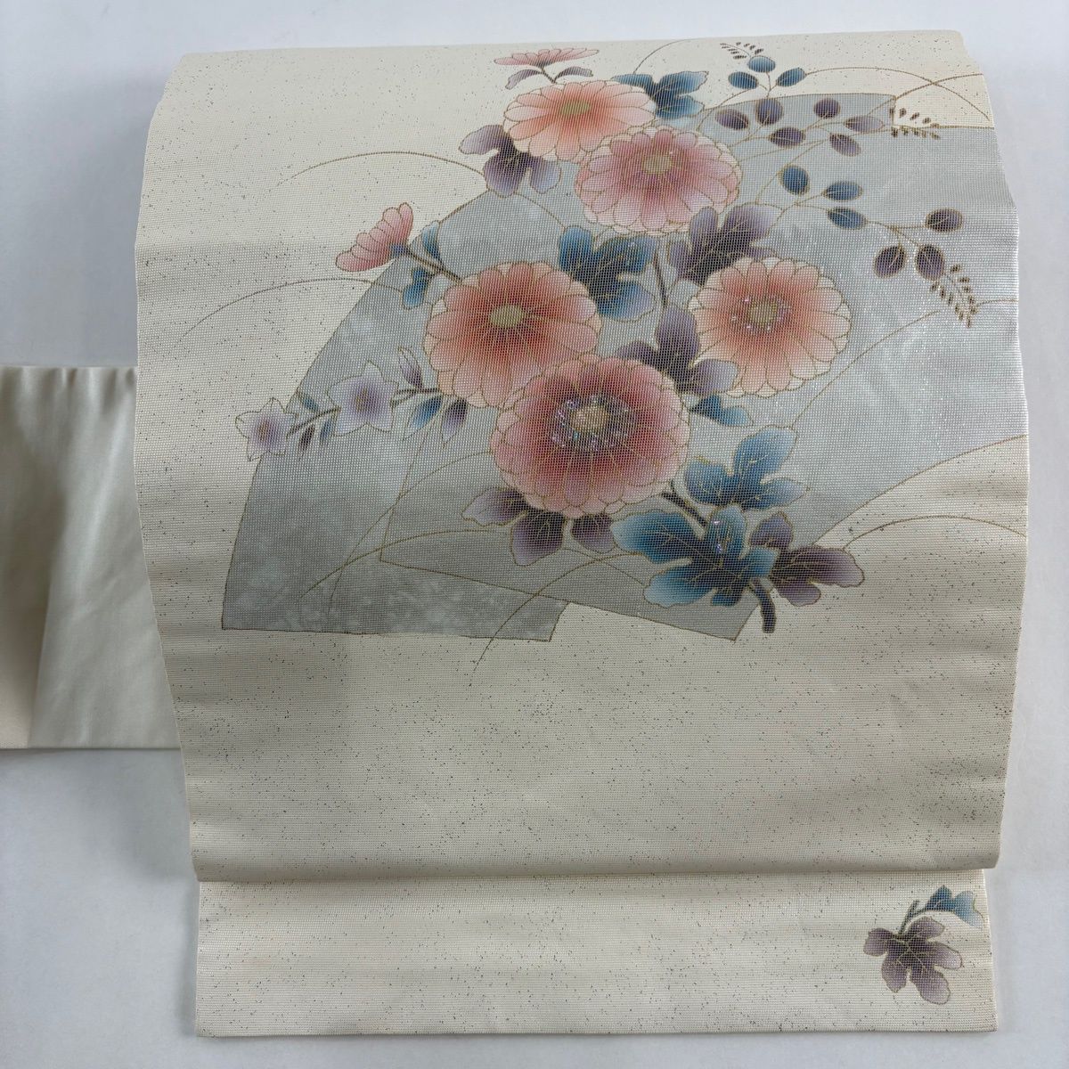 名古屋帯 秀品 菊 扇面 金彩 箔 クリーム 正絹