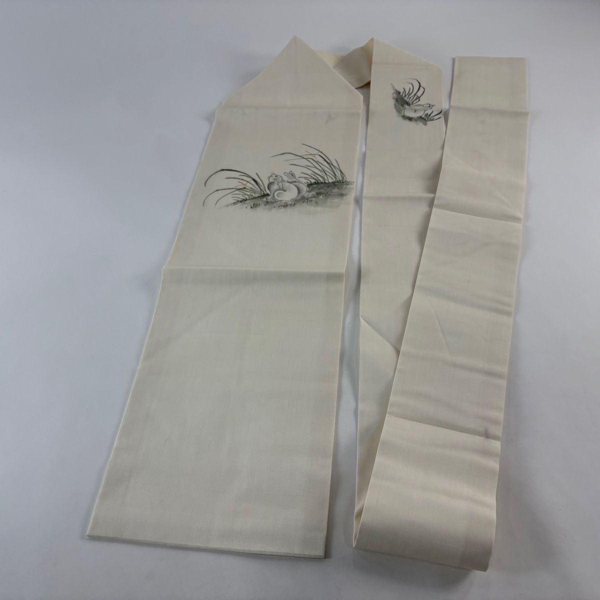  名古屋帯 秀品 紬地 うさぎ ススキ クリーム 正絹 名古屋帯 帯