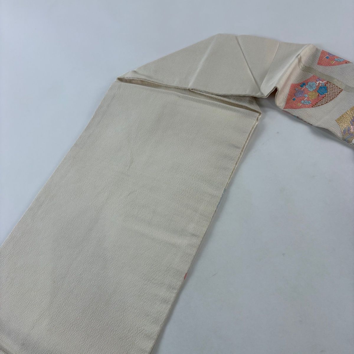  名古屋帯 秀品 扇面 草花 金銀糸 箔 ベージュ 正絹 名古屋帯 帯