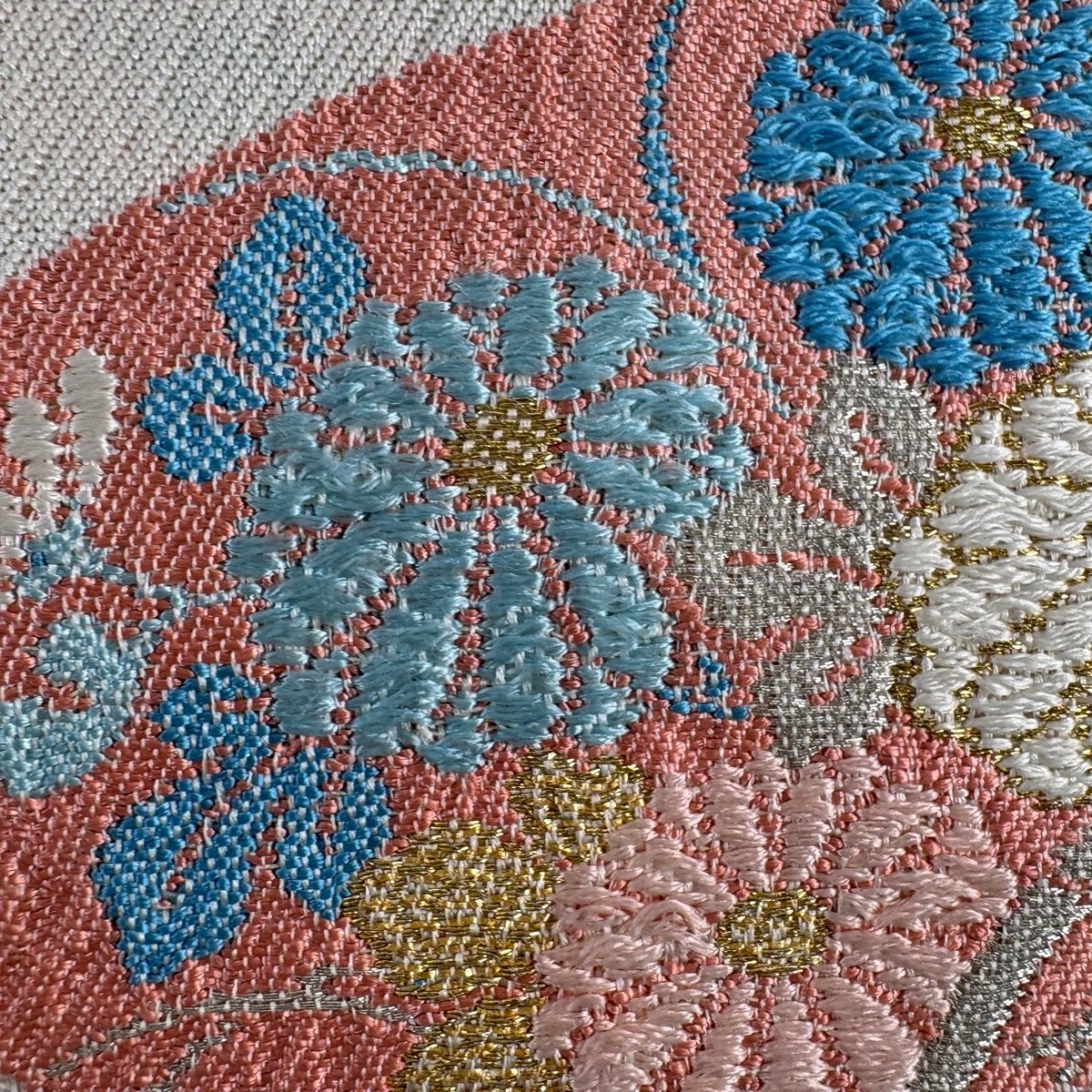 名古屋帯 秀品 扇面 草花 金銀糸 箔 ベージュ 正絹