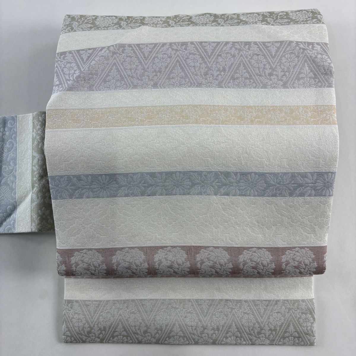 名古屋帯 秀品 段縞 草花 クリーム 正絹