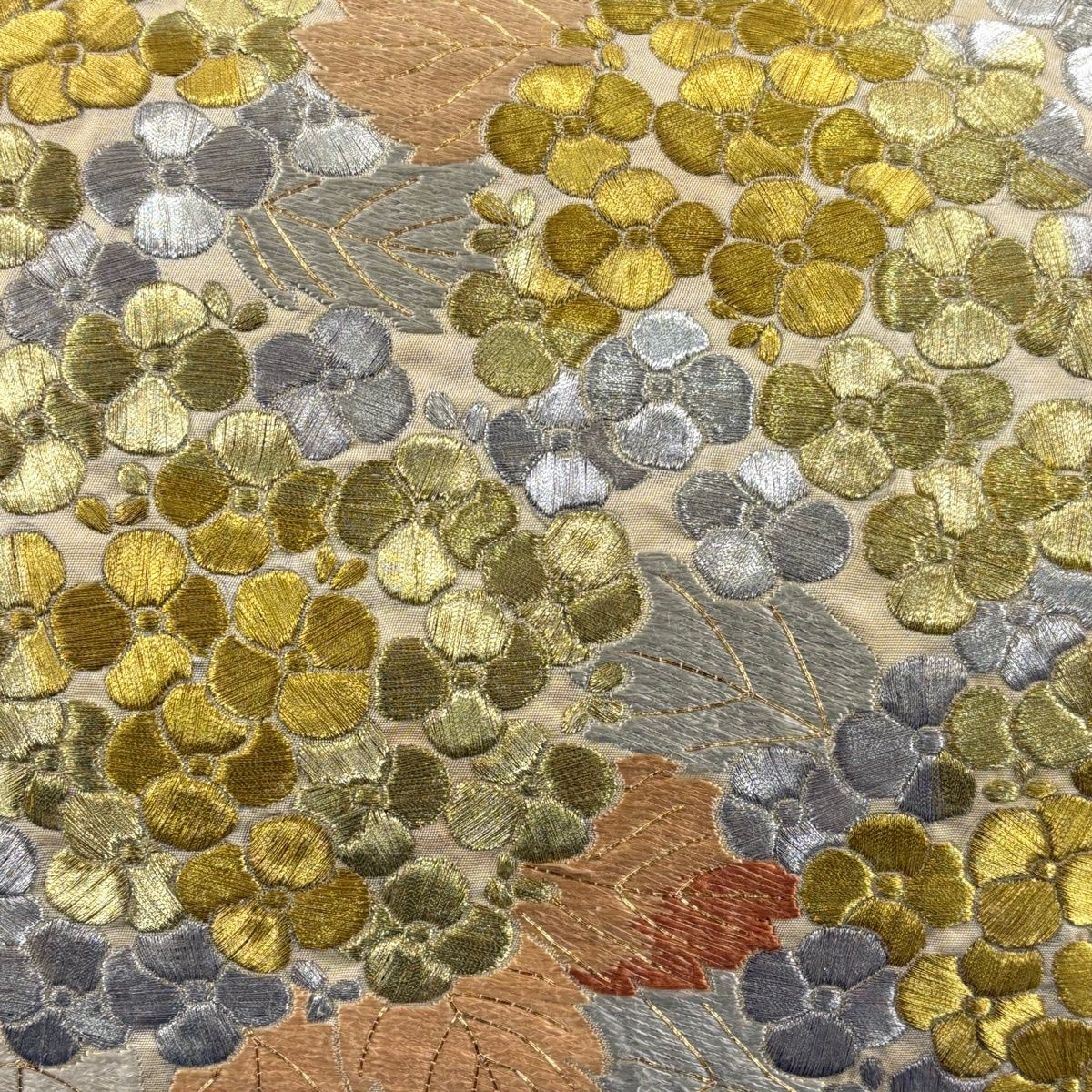 名古屋帯 秀品 紫陽花 金銀糸 刺繍 薄オレンジ 正絹