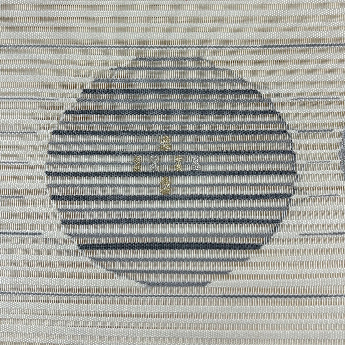 名古屋帯 秀品 夏帯 絽 八寸名古屋帯 松葉仕立て トンネル仕立て 丸文 縞模様 金糸 銀糸 クリーム 正絹