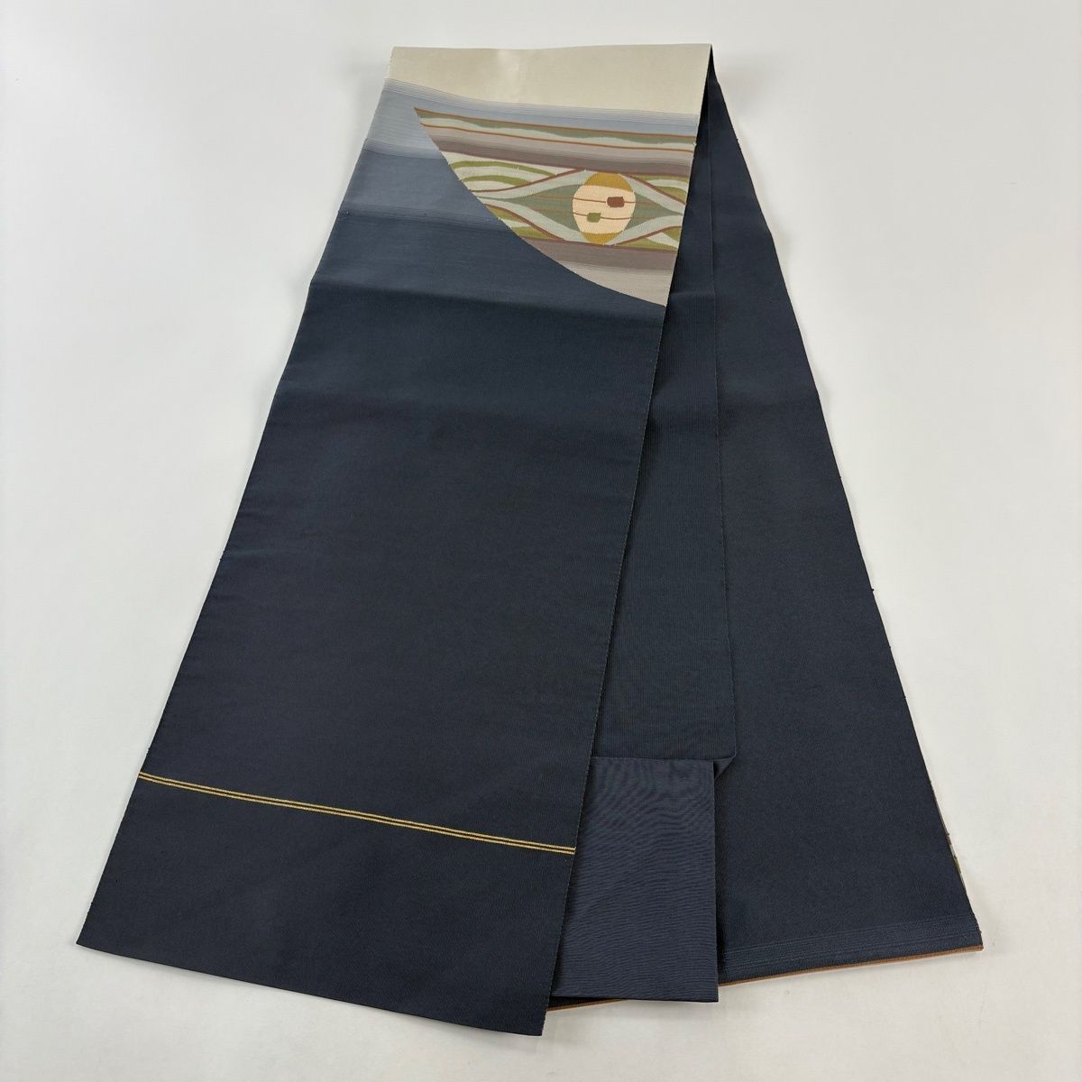 名古屋帯 秀品 八寸名古屋帯 松葉仕立て 幾何学模様 縞模様 青灰色 正絹 薄手ニット 春夏対応