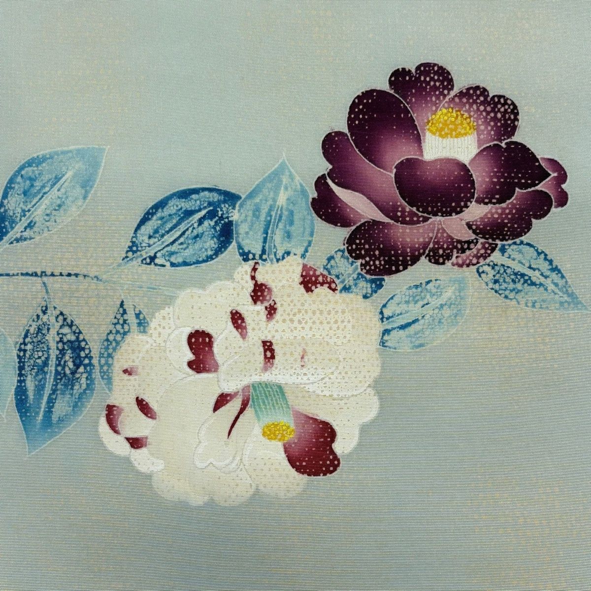 名古屋帯 秀品 熊谷好博子 落款 塩瀬 椿 薄緑 正絹