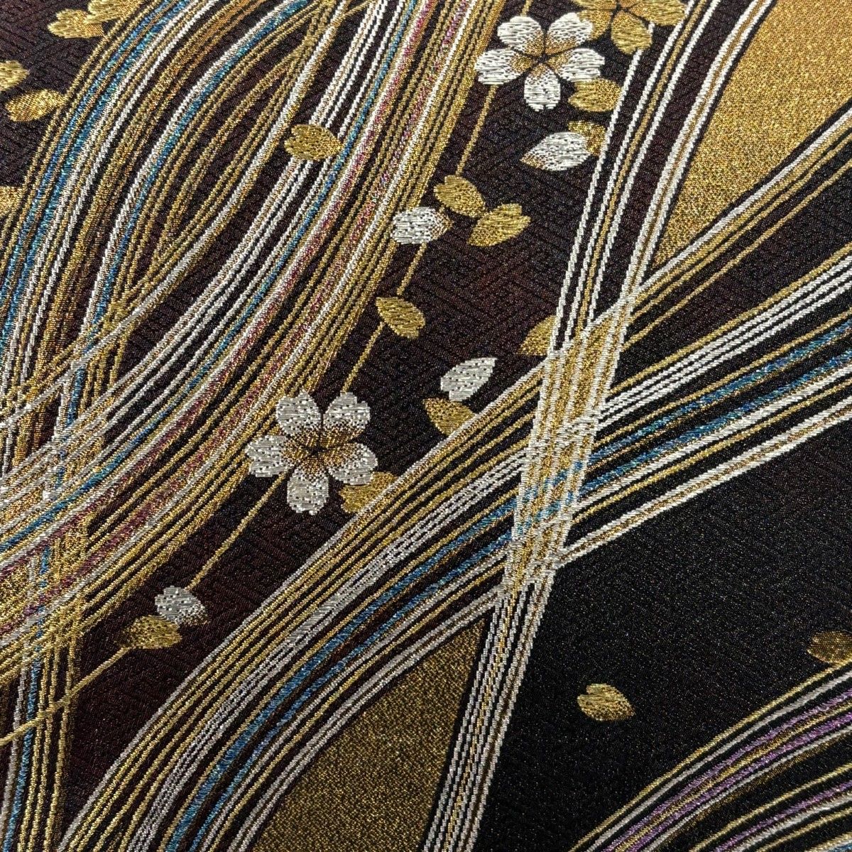 美品】 袋帯 秀品 落款 桜 幾何学模様 金糸 箔 赤黒 六通 正絹 【中古