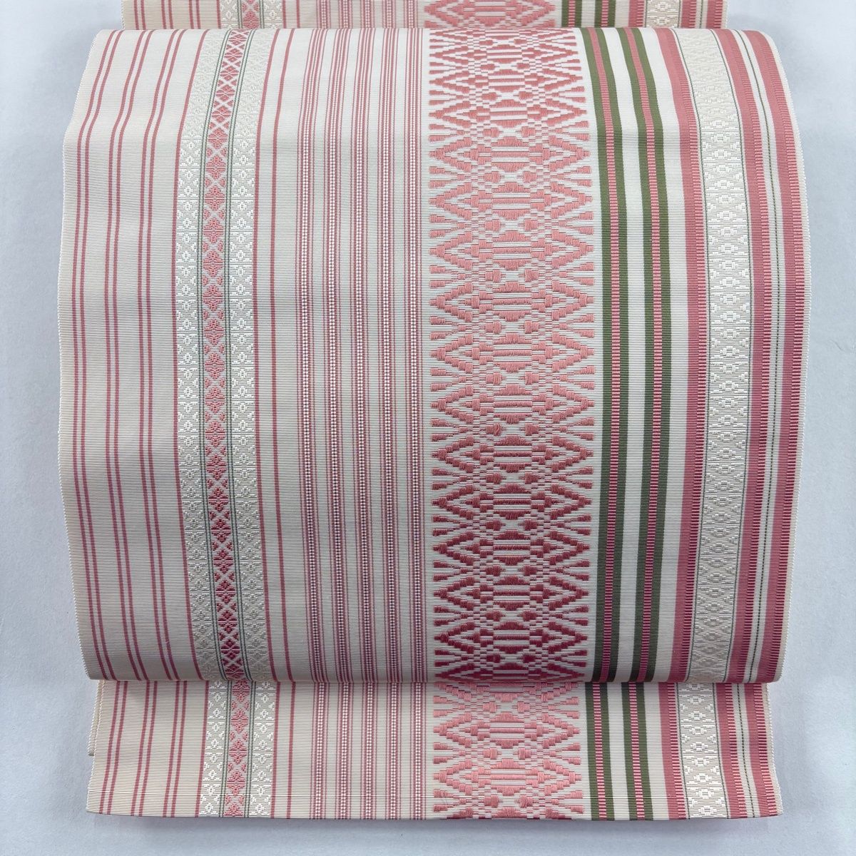 美品】 名古屋帯 秀品 八寸名古屋帯 松葉仕立て 関西仕立て 縞 幾何学