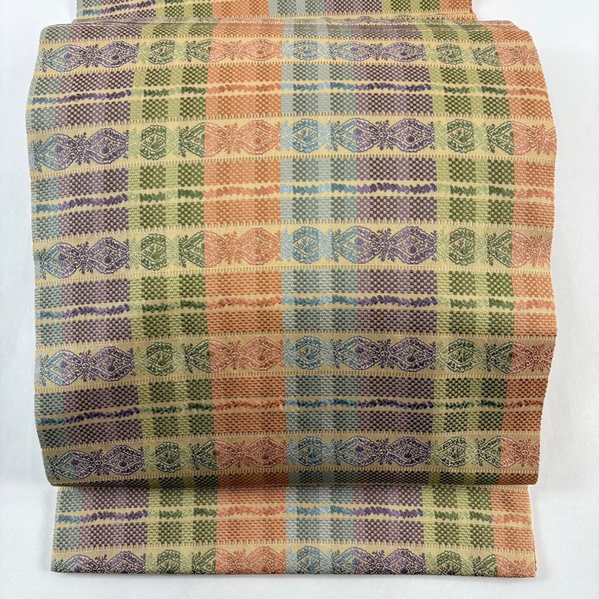 開き名古屋帯 秀品 落款 あらいそ 格子 草花 薄茶色 正絹