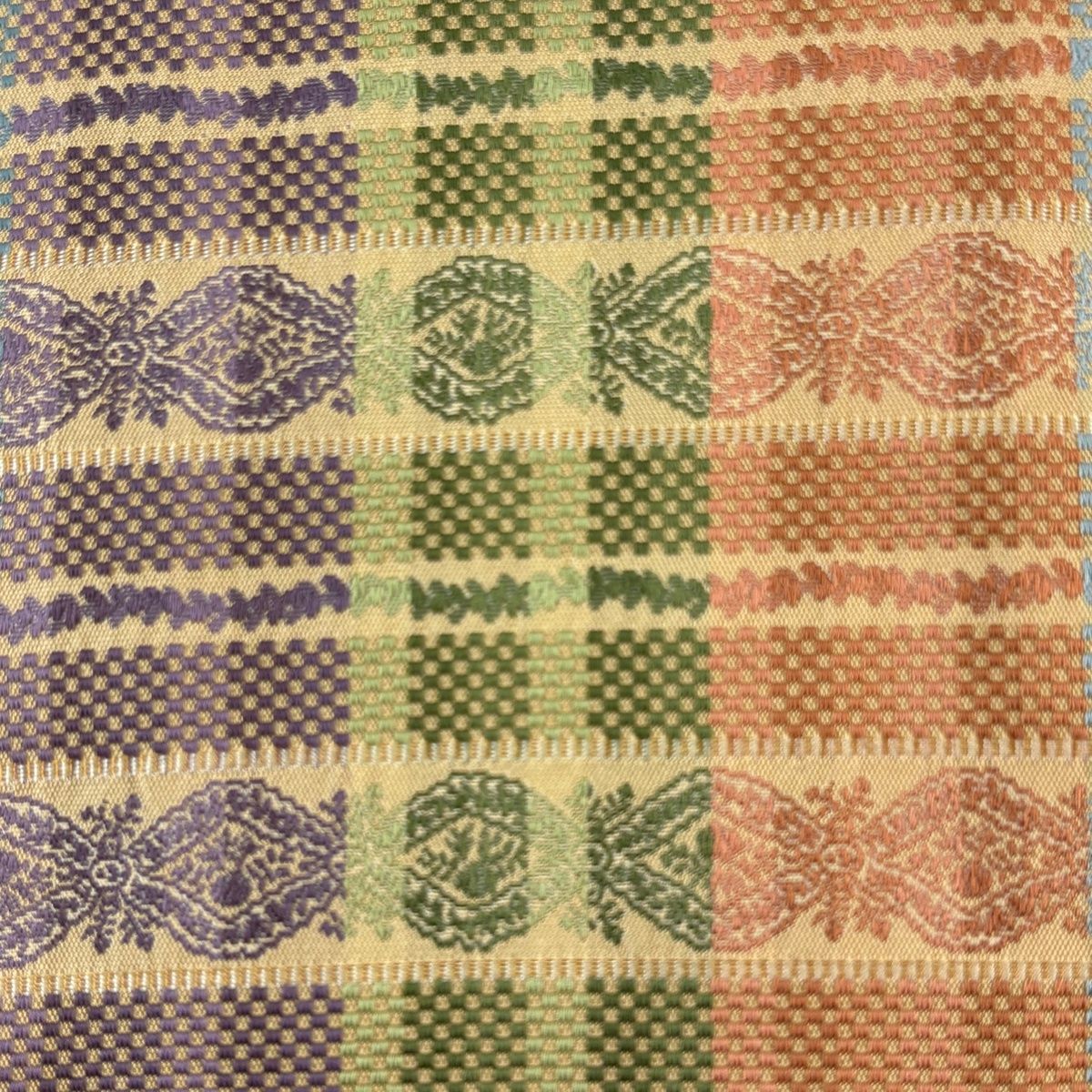 開き名古屋帯 秀品 落款 あらいそ 格子 草花 薄茶色 正絹