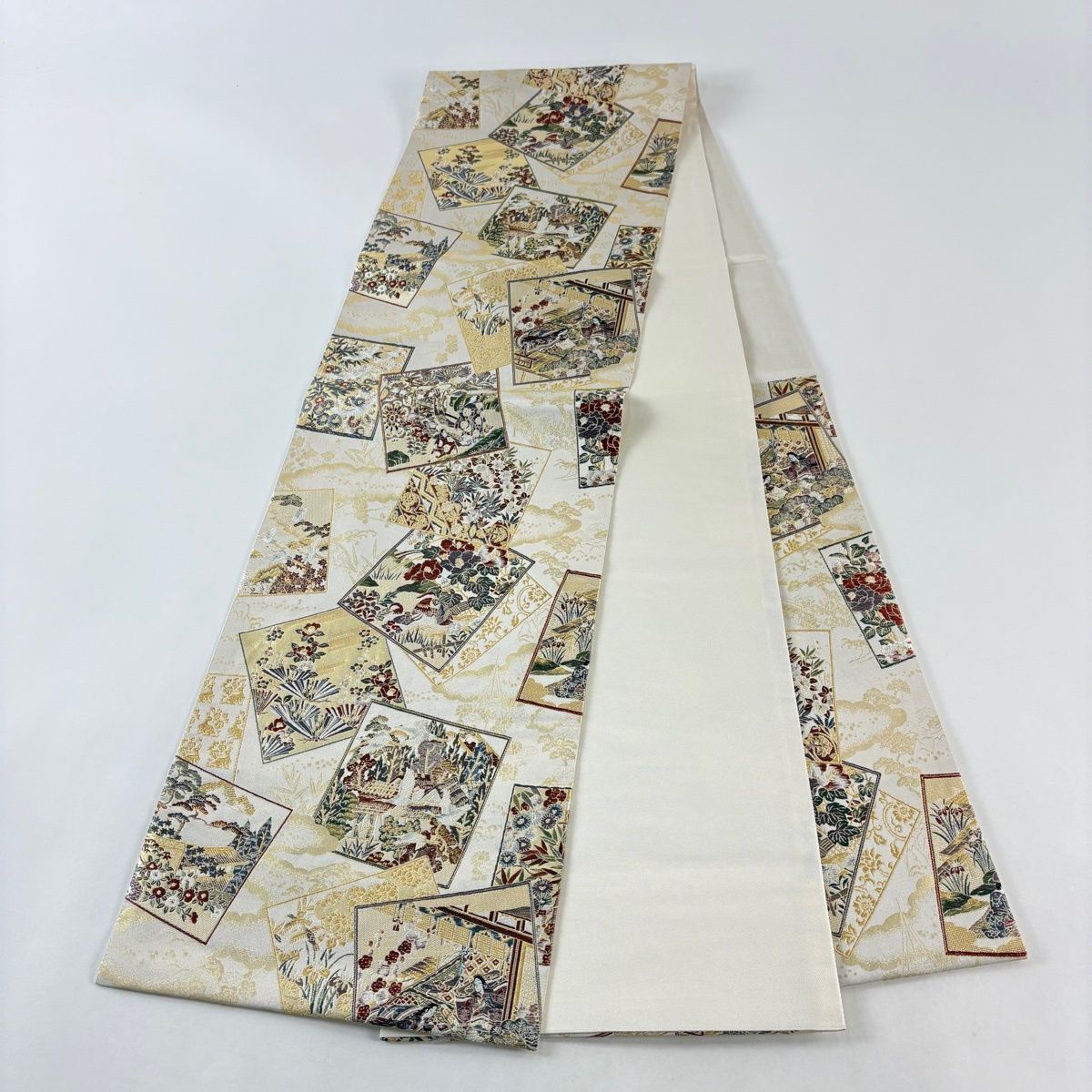  袋帯 秀品 王朝綴 色紙 人物 箔 金糸 灰白 六通 正絹 袋帯 帯