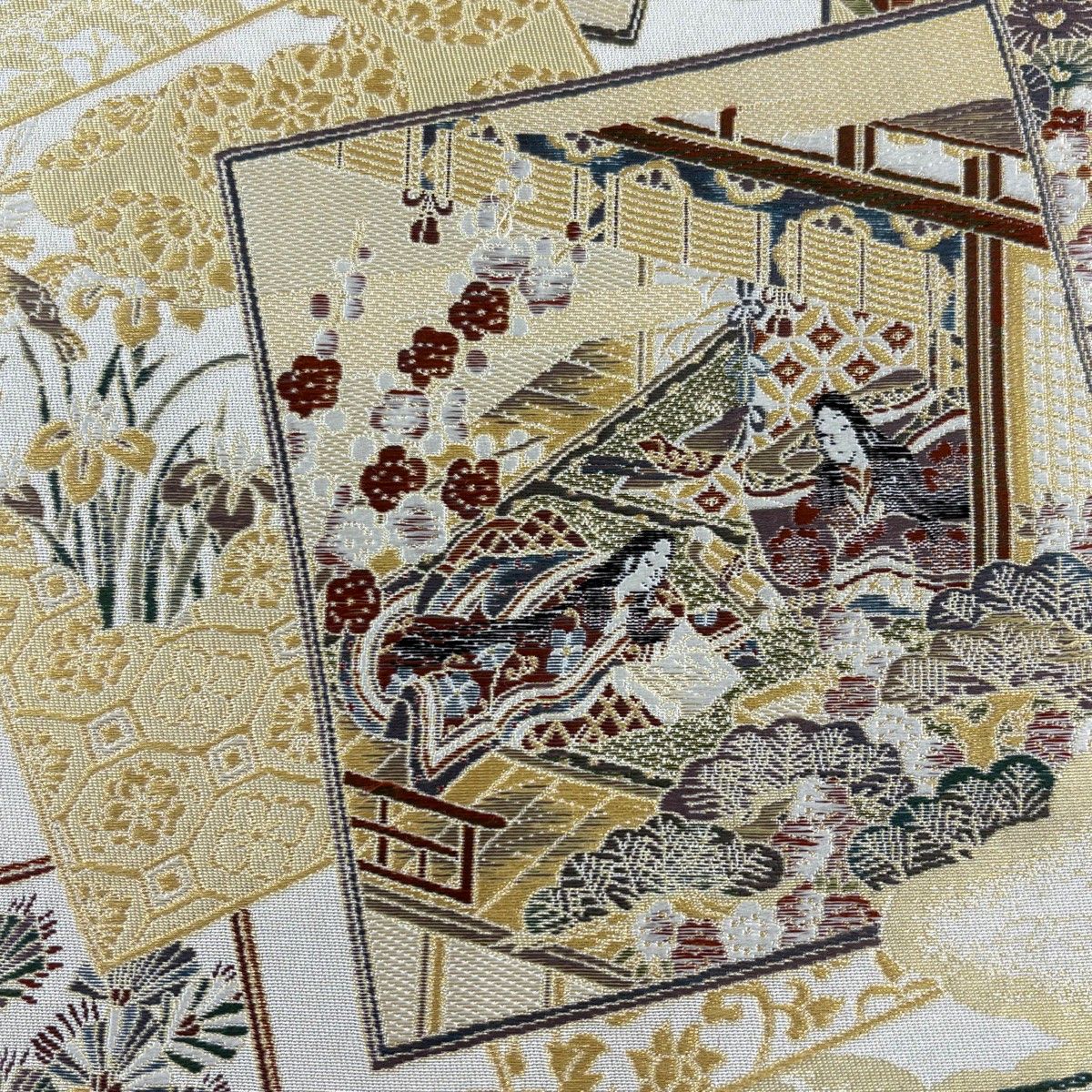 袋帯 秀品 王朝綴 色紙 人物 箔 金糸 灰白 六通 正絹