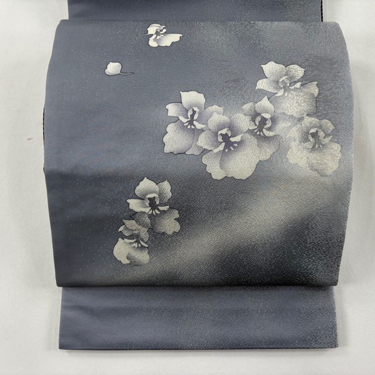 袋帯 秀品 花 銀通し 青灰色 お太鼓柄 正絹