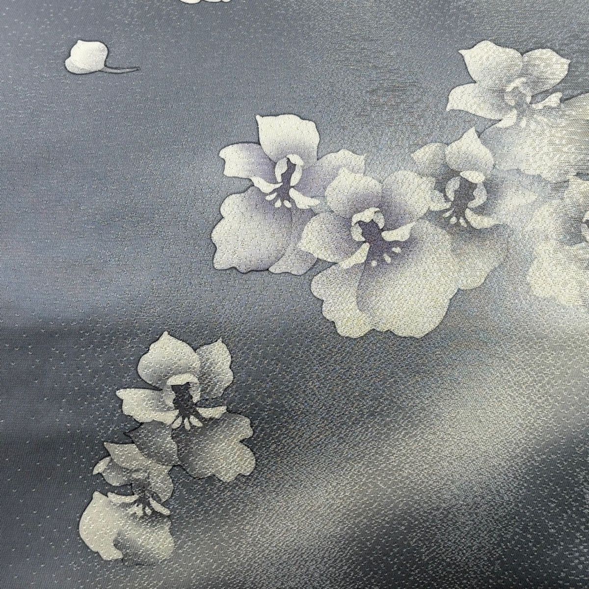 袋帯 秀品 花 銀通し 青灰色 お太鼓柄 正絹